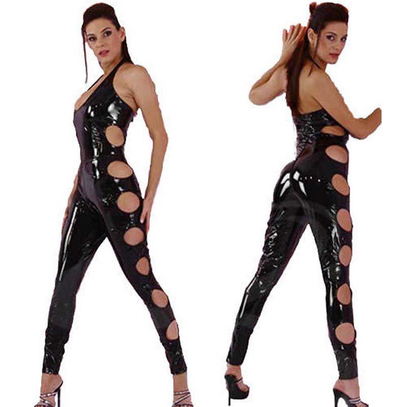 Wet Look Side Cut Out Night Club Bodycon  Faux Leather Catsuit