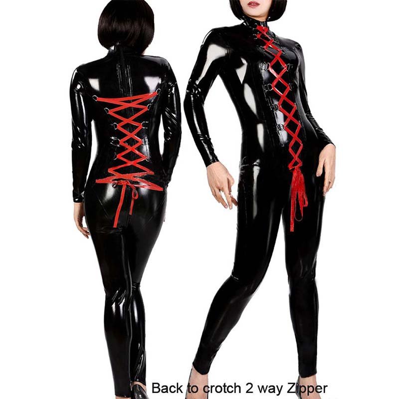 Vinyl Leather Dance Latex Fetish Turtleneck Red Lace Up Catsuit