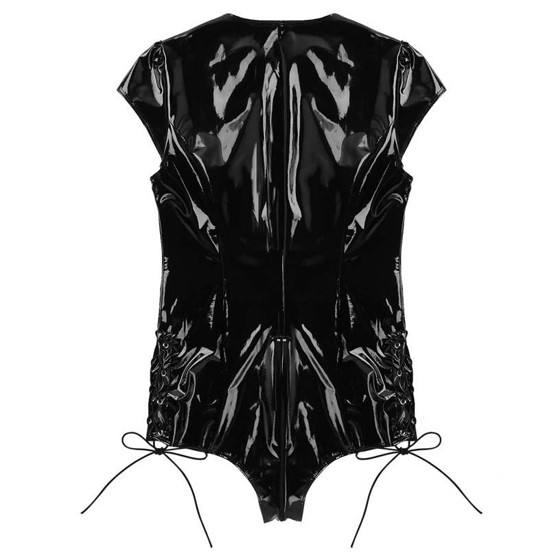 Wet Look Patent Leather Deep V Plunging Lace-up Zipper Crotch Bodysuits Leotard