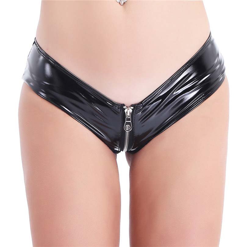 Patent Leather Open Crotch Latex Panties Wet Look Zipper Briefs