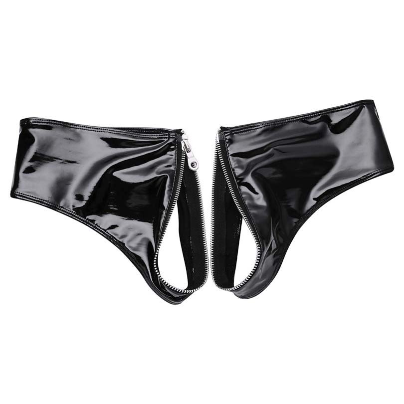 Patent Leather Open Crotch Latex Panties Wet Look Zipper Briefs