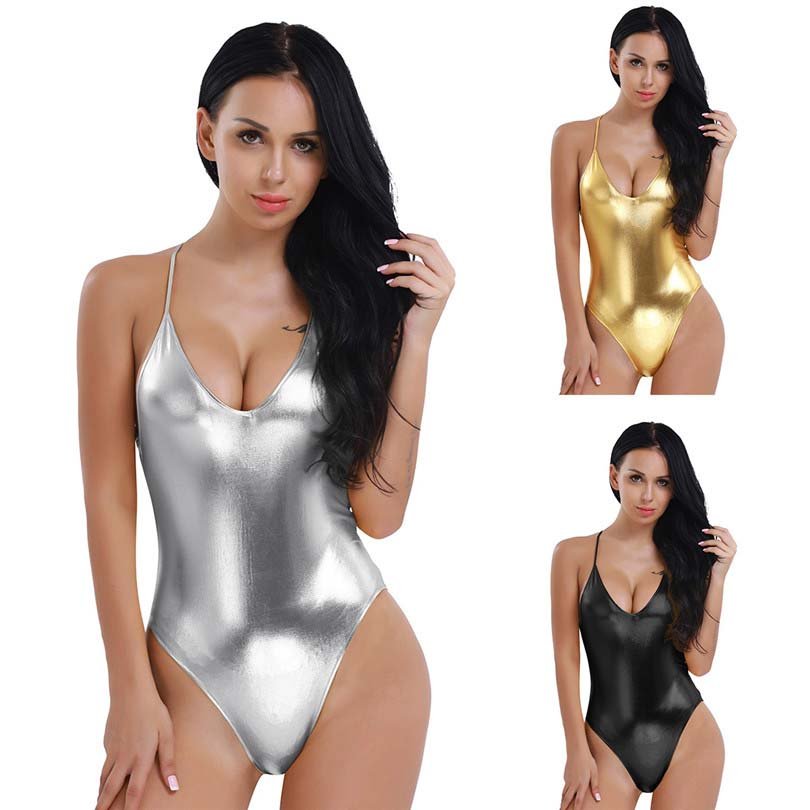 Shiny Metallic Stretchy Monokini Bodycon High Cut Dance Leotard