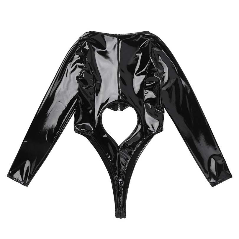 Wet Look Patent Leather Latex Long Sleeve Front Zipper Hollow Out Leotard