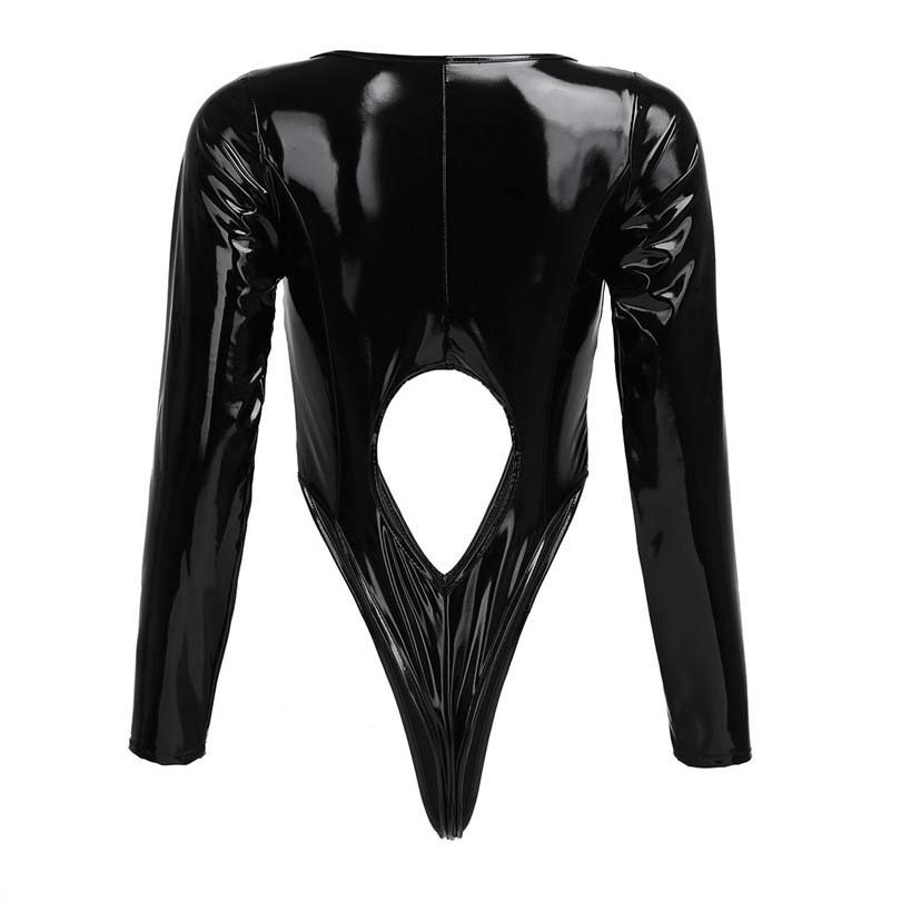 Wet Look Patent Leather Latex Long Sleeve Front Zipper Hollow Out Leotard