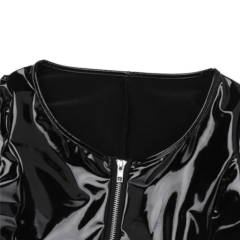 Wet Look Patent Leather Latex Long Sleeve Front Zipper Hollow Out Leotard