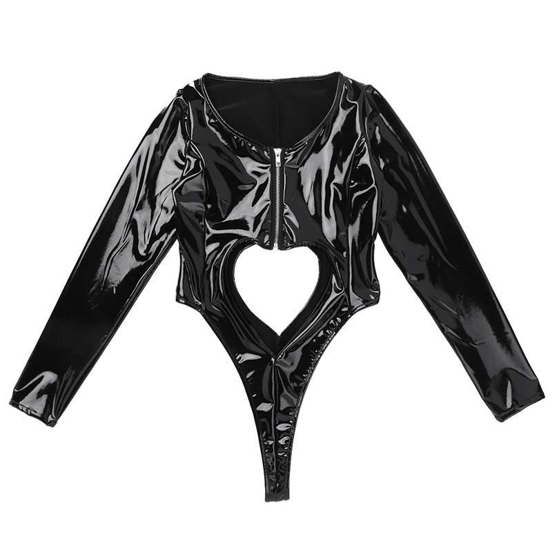 Wet Look Patent Leather Latex Long Sleeve Front Zipper Hollow Out Leotard