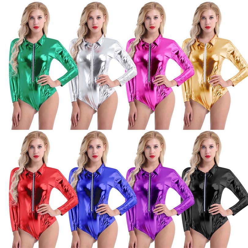 Wet Look Patent Leather Exotic Long-Sleeve Zipper Bodysuit