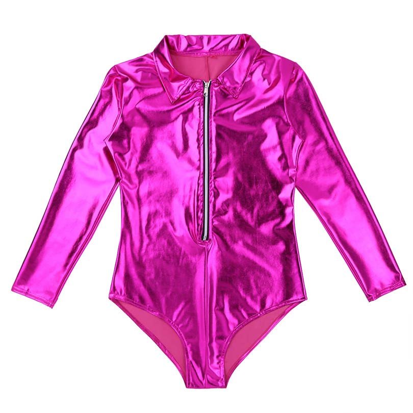 Wet Look Patent Leather Exotic Long-Sleeve Zipper Bodysuit