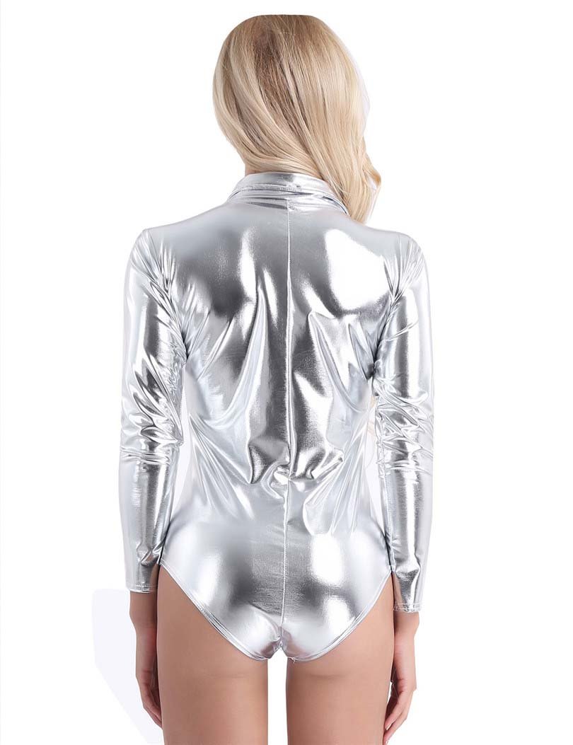 Wet Look Patent Leather Exotic Long-Sleeve Zipper Bodysuit