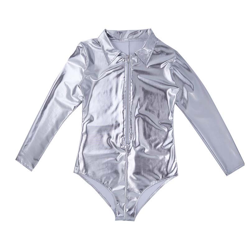 Wet Look Patent Leather Exotic Long-Sleeve Zipper Bodysuit