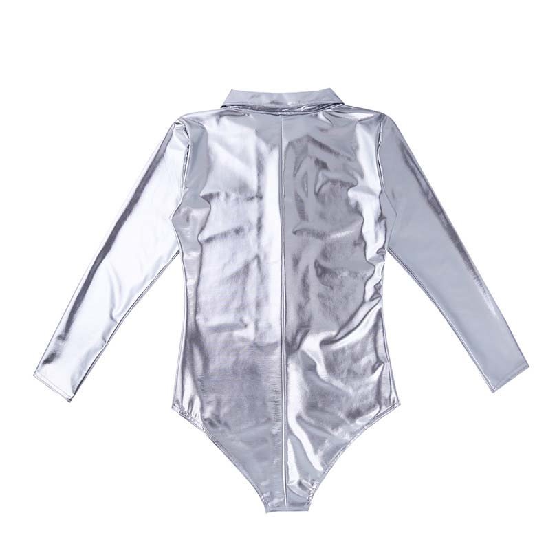 Wet Look Patent Leather Exotic Long-Sleeve Zipper Bodysuit