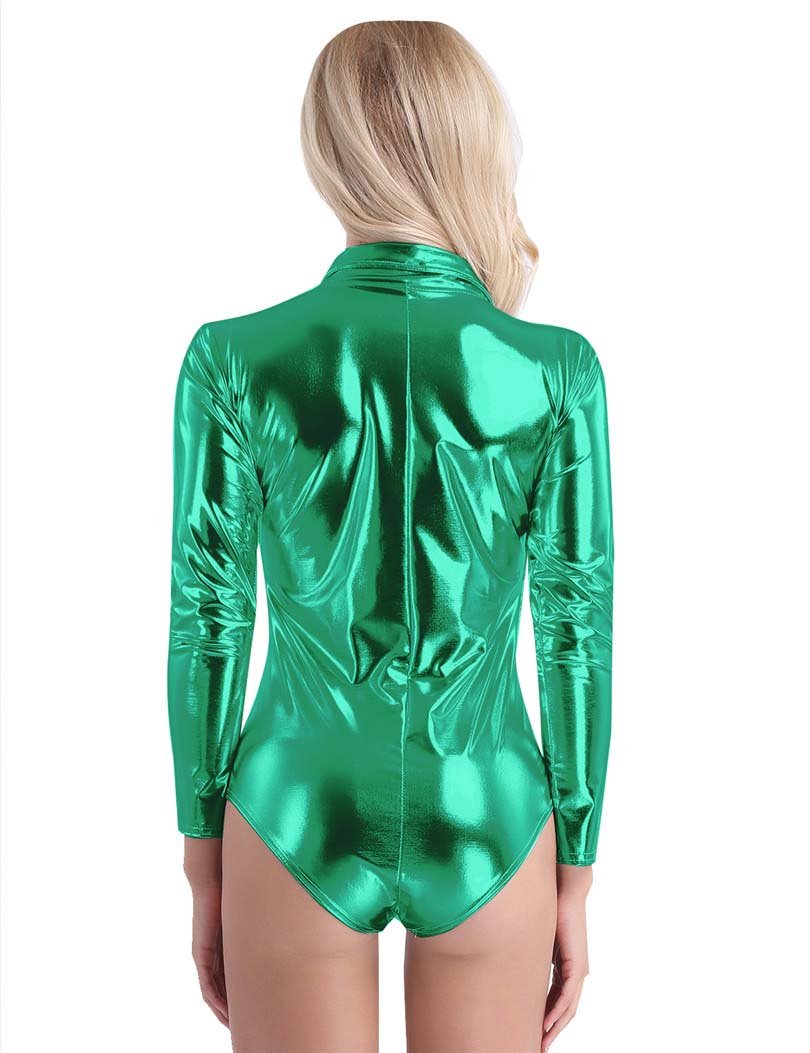 Wet Look Patent Leather Exotic Long-Sleeve Zipper Bodysuit