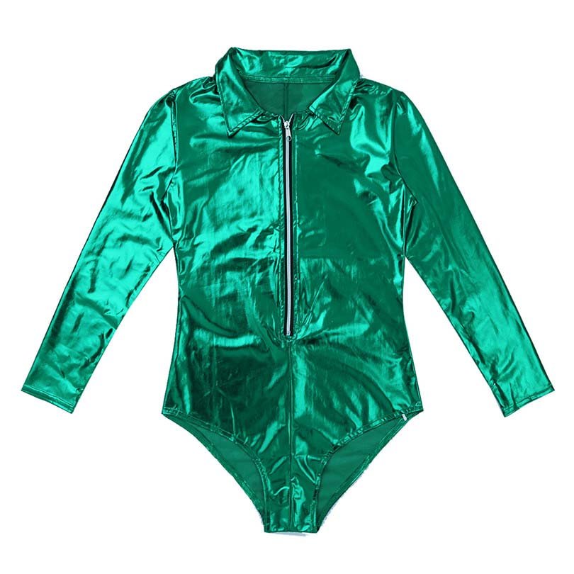 Wet Look Patent Leather Exotic Long-Sleeve Zipper Bodysuit