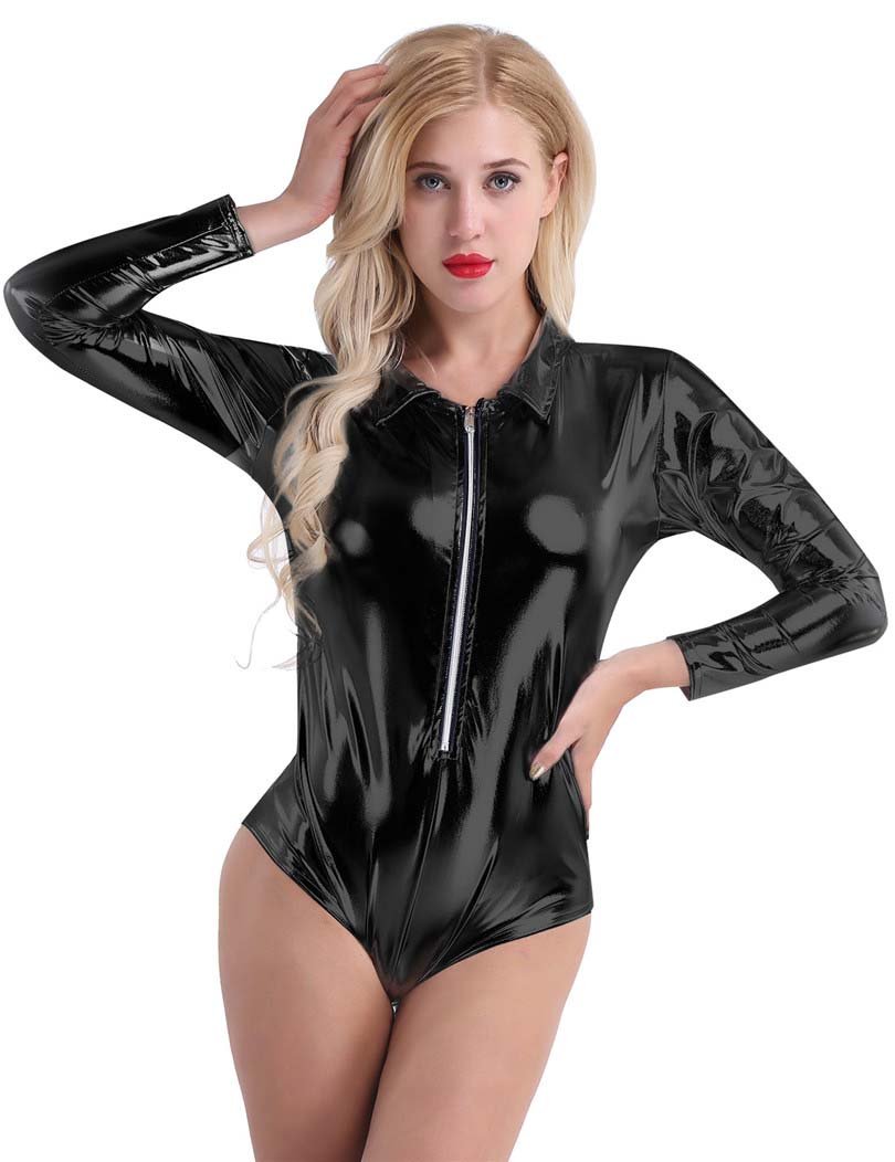 Wet Look Patent Leather Exotic Long-Sleeve Zipper Bodysuit