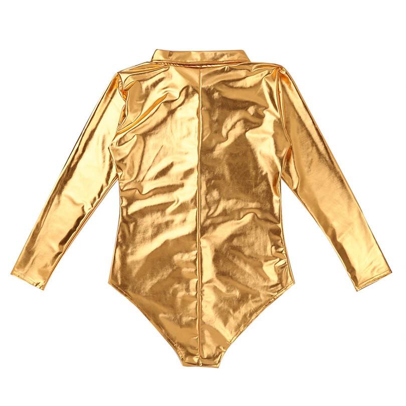 Wet Look Patent Leather Exotic Long-Sleeve Zipper Bodysuit