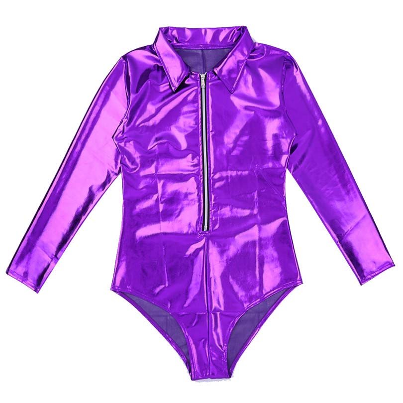 Wet Look Patent Leather Exotic Long-Sleeve Zipper Bodysuit