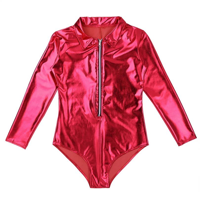 Wet Look Patent Leather Exotic Long-Sleeve Zipper Bodysuit