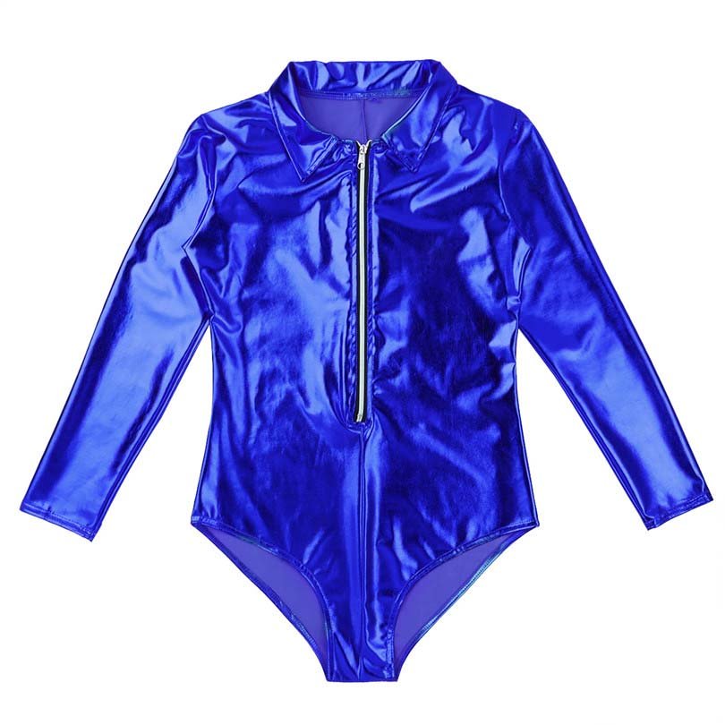 Wet Look Patent Leather Exotic Long-Sleeve Zipper Bodysuit