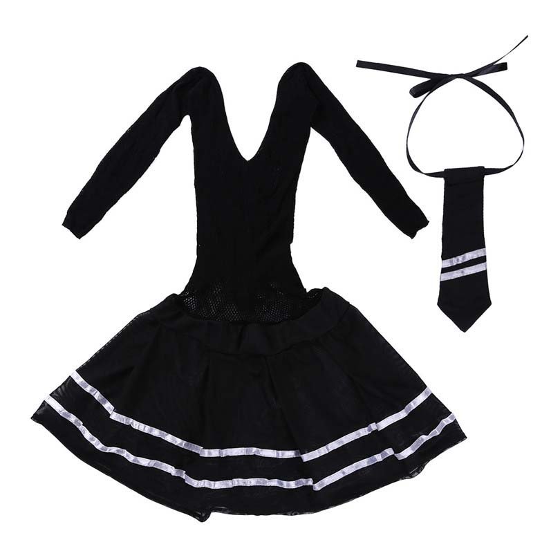 Student Half Sleeves Stretchy Hollow Out Mini Dress With A Necktie