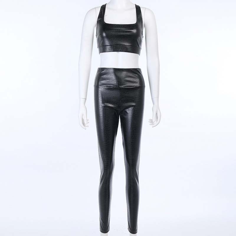 Faux Leather 2 Piece Set Casual Black High Waist Pencil Pant