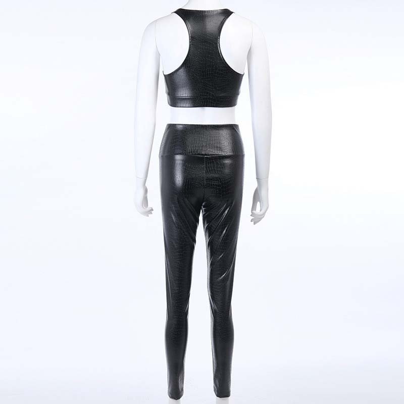 Faux Leather 2 Piece Set Casual Black High Waist Pencil Pant