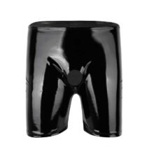 Black Latex Shiny Wetlook Leather Erotic Short Pants Open Penis Hole-0