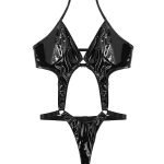 Erotic One-piece Wet Look Patent Leather Backless High Cut Teddy-0