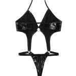 Erotic One-piece Wet Look Patent Leather Backless High Cut Teddy-0