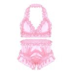 Exotic Set Ultra-Soft Satin Frilly Ruffled Halter Neck Stretchy Bra Top with Briefs-0