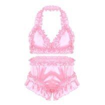 Exotic Set Ultra-Soft Satin Frilly Ruffled Halter Neck Stretchy Bra Top with Briefs-0