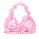 Exotic Set Ultra-Soft Satin Frilly Ruffled Halter Neck Stretchy Bra Top with Briefs-0