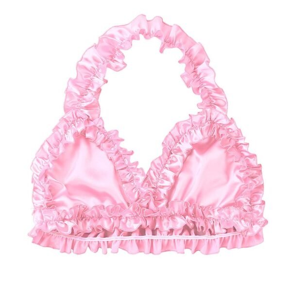 Exotic Set Ultra-Soft Satin Frilly Ruffled Halter Neck Stretchy Bra Top with Briefs-5029