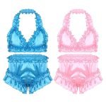 Exotic Set Ultra-Soft Satin Frilly Ruffled Halter Neck Stretchy Bra Top with Briefs-0