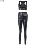 Faux Leather 2 Piece Set Casual Black High Waist Pencil Pant-0