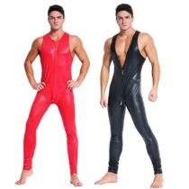 Faux Leather Sleeveless Wet Look Stretch Slim Catsuit-0