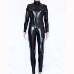 Faux Leather Wetlook Front Zipper Elastic PU Catsuit-0