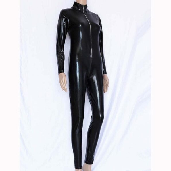 Faux Leather Wetlook Front Zipper Elastic PU Catsuit-3247