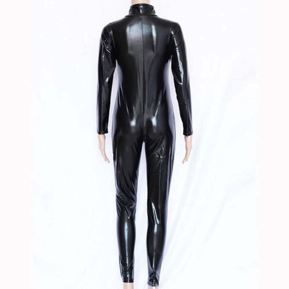 Faux Leather Wetlook Front Zipper Elastic PU Catsuit-3248