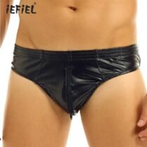 Faux Leather Zipper Open Crotch High Cut Low Rise Mini Panties-0