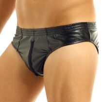 Faux Leather Zipper Open Crotch High Cut Low Rise Mini Panties-5111