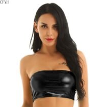 Faux Pu Leather Off Shoulder Strapless Crop Top-0
