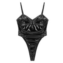 Gothic Patent Leather Wet Look Body High Cut Thong Leotard-5162
