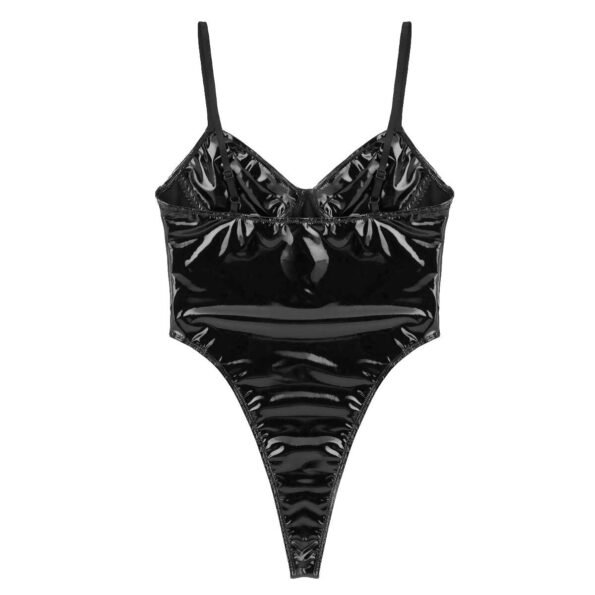 Gothic Patent Leather Wet Look Body High Cut Thong Leotard-5163