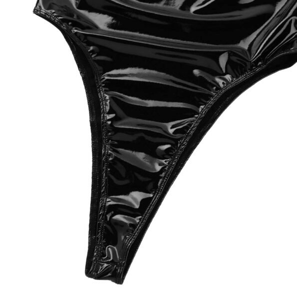 Gothic Patent Leather Wet Look Body High Cut Thong Leotard-5165