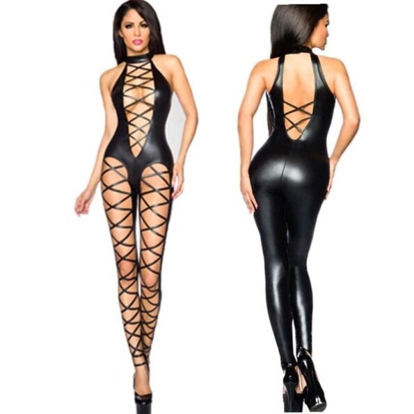 Hollow out PU Leather Erotic Pole Dance Lace Catsuit-0