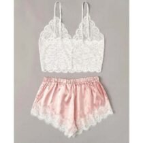 Lace Sleeveless Crop Top and Lace Ruffles Bowknot Short Set-0