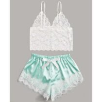 Lace Sleeveless Crop Top and Lace Ruffles Bowknot Short Set-3670