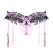 Naughty Crotchless Pearl Chain Ruffle Lace Open Crotch Panties with Garter-0