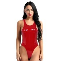 One-piece Latex Wet Look PU Leather Latex Sleeveless Catsuit-0