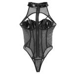 See Through Fishnet Sleeveless PU Leather Bust High Cut Teddy-0